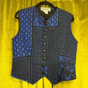 Vintage 90s 100 Silk Carlisle Quilted Blue Patchwork Print Vest. Size 12 or M.